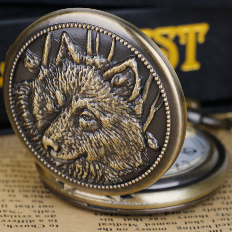 Antique Bronze Animal Dog Wolf Head Padrão Quartz Pocket Watch Fob Cadeia Colar Mostrador Branco para Homens Mulheres
