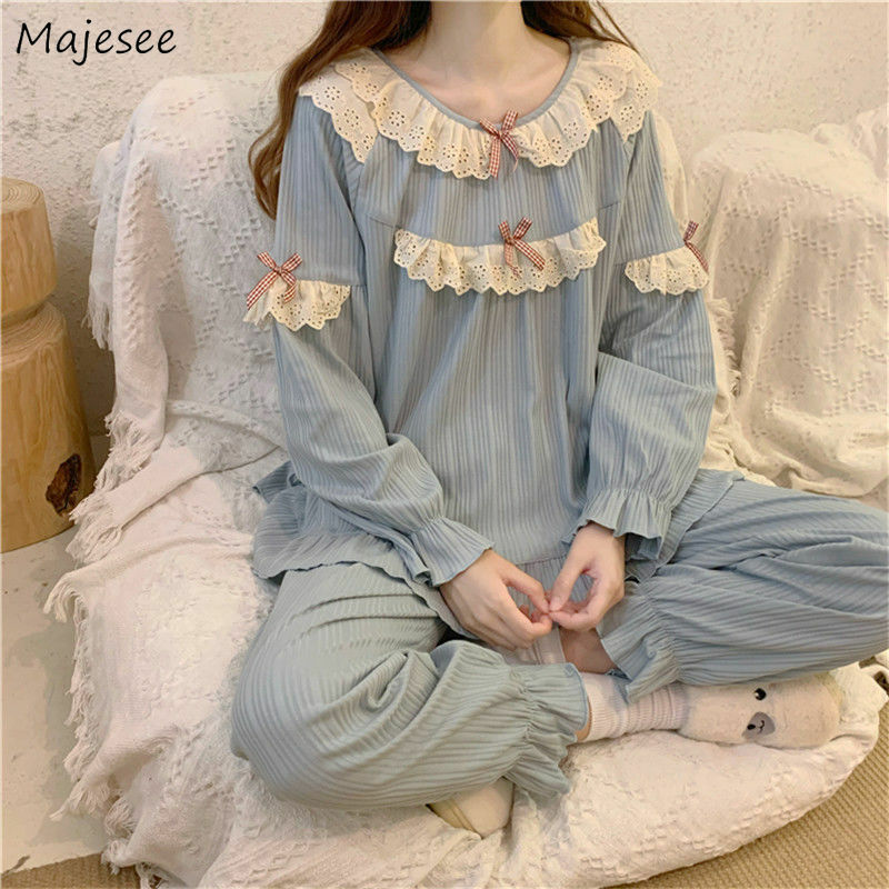 Pajama Sets Women Loose Patchwork Autumn New Flare Sleeve Casual Sleepwear Harajuku Elegant Mujer All-match Simple Cozy Homewear