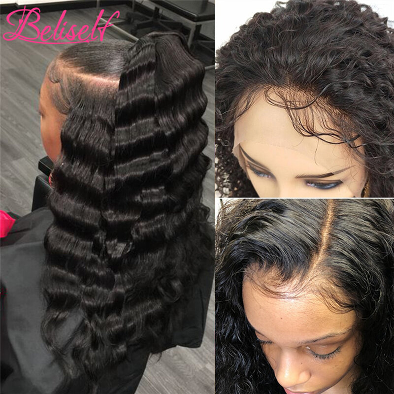 Beliself-Peluca de cabello Remy brasileño para mujer negra, postizo de encaje Frontal de onda profunda suelta, 30 pulgadas, con rayita Natural