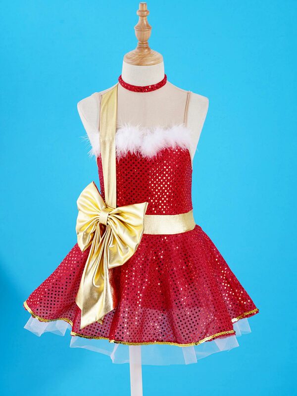 Gaun Leotard Senam Balet Payet Anak Perempuan Gaun Tutu Natal Jaring Merah Tanpa Lengan Gaun Dansa Figur Skating