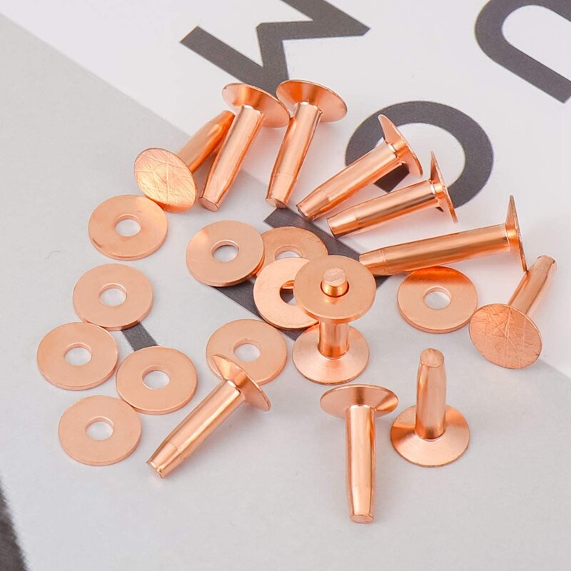 Paquete de 20 remaches y rebabas de cobre (14mm y 19mm) con 2 piezas, herramienta de remache de perforación para cinturones, bolsas, collares, artesanía de cuero