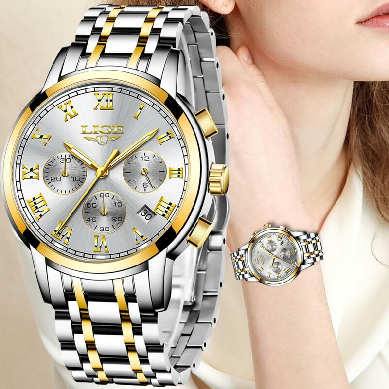 2023 LIGE modne zegarki damskie Top damski markowe luksusowe wodoodporne złoty zegarek kwarcowy kobiet ze stali nierdzewnej zegar na prezent na randki