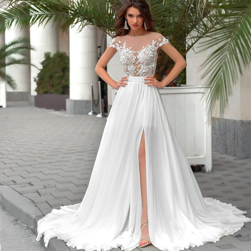 New Sexy Illusion Wedding Dresses Cap Sleeve Beaded Applique A-line Chiffon  Vestidos De Novia вечернее платье فساتين السهرة