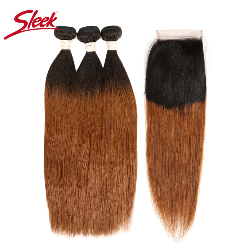 Sleek Bundles With Closure Brazilian Straight T1B/27 Human Hair 3 Bundles With Closure And T1b/30 Natural Remy Hair Extensions