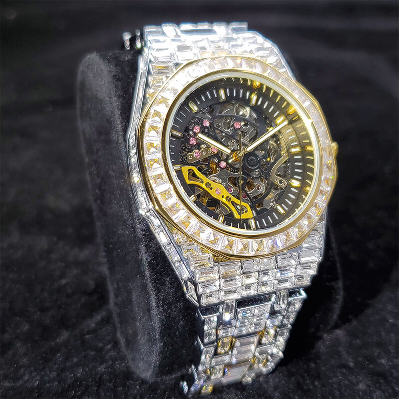 Hiphop MISSFOX อัตโนมัติผู้ชายนาฬิกาข้อมือทองอย่างเต็มที่ Iced Out นาฬิกา AAA ชายหรูหรานาฬิกาข้อมือกันน้ำ