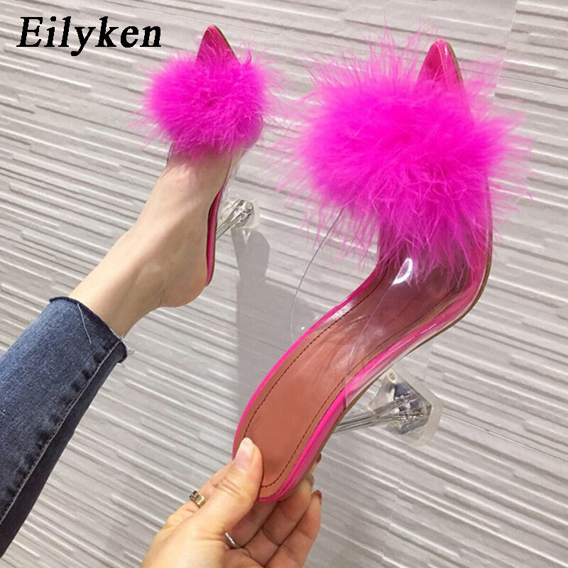 Eilyken-Escarpins d'été en PVC pour femmes, pantoufles transparentes en plumes, talons hauts en plexiglas cristal, mules Peep Parker en fourrure, chaussures à glissière pour dames