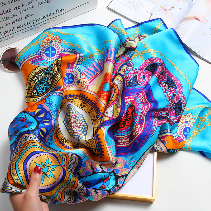 Pañuelo cuadrado de seda 100% pura para mujer, pañuelo de seda con estampado Floral Real, pañuelo de playa, 88x88cm, 2021