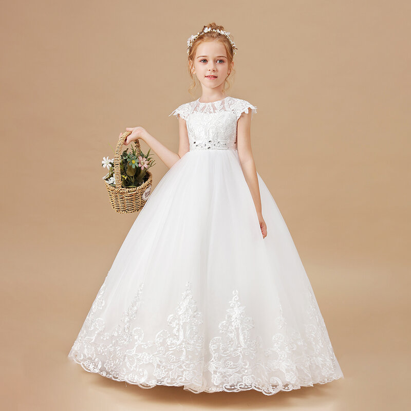 Floor-Length Lace Flower Girl Dress First Communion Birthday Evening Party Celebration Event Prom Wedding Pageant Ball For Kids