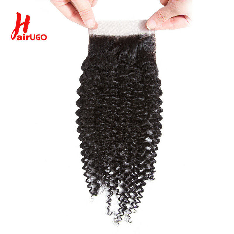 HairUGo-Tissage de cheveux brésiliens 100% humains, fermeture en dentelle 4x4, crépus bouclés, cheveux de bébé, document naturel, attaché à la main