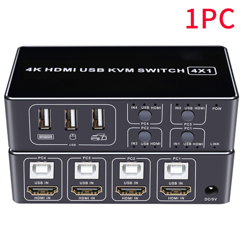 Liga de alumínio Switcher universal para computador, 4K KVM, estável, estável, 4 portas, USB, mouse, teclado, hub