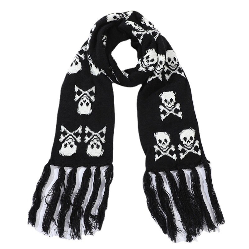 Scarf With Fringes For Men Black And White Skull Crossbones Knitted Scarf Imitation Wool Autumn Winter Stylish Skull