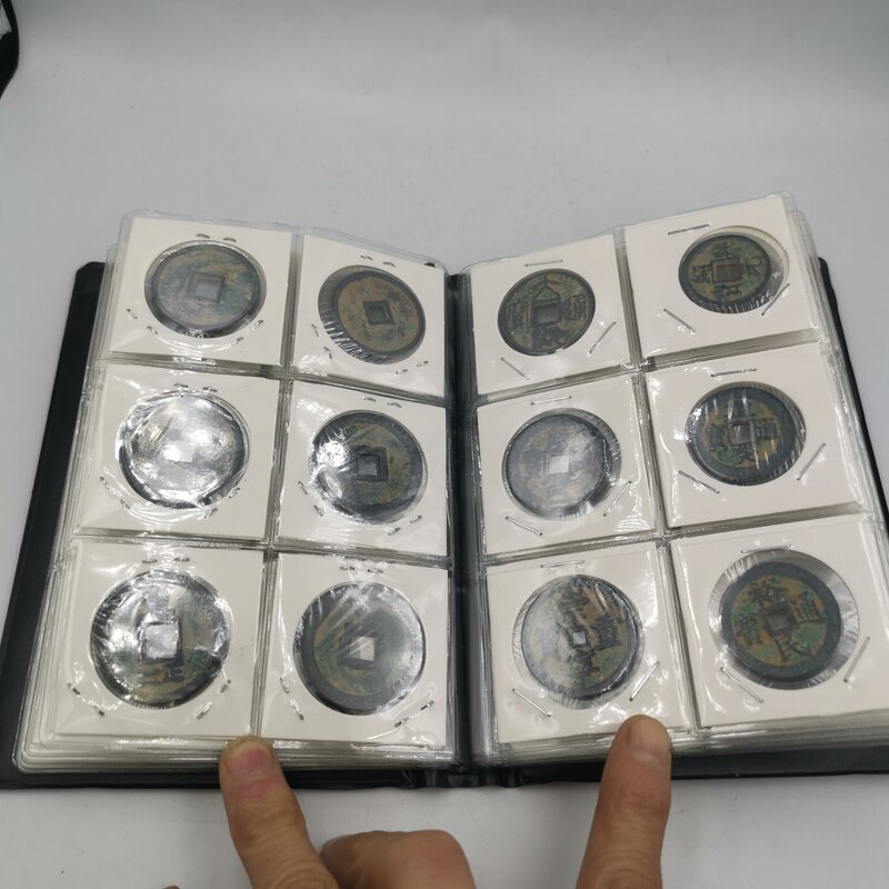 Coleção antiga cobre moeda livro contendo moeda de cobre buraco quadrado verde bordado cobre moeda coleção 60 peças