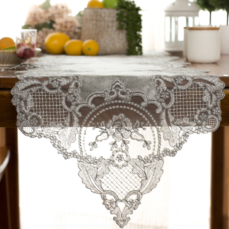 NEW Velvet Water Soluble Lace Embroidered European Luxury Table Runner Restaurant Kitchen Coffee Mat Christmas Weding Decoration