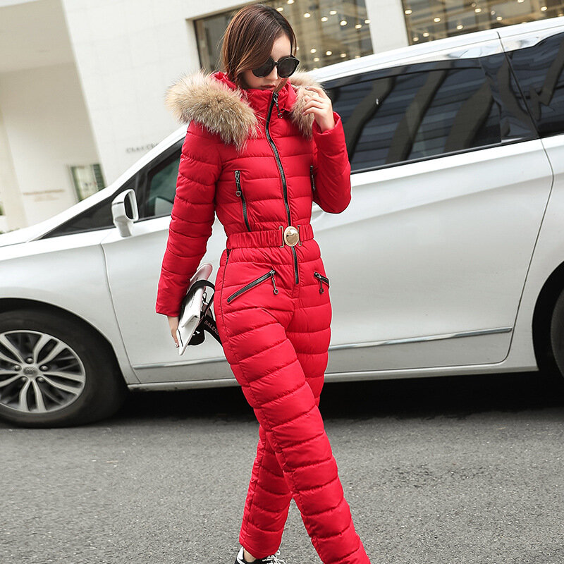 Winter Hooded Fur Collar Jumpsuits Cotton Clothing Women Warm Thick Snow Coat Zipper Parka Suits Female Black Casual Tracksuits