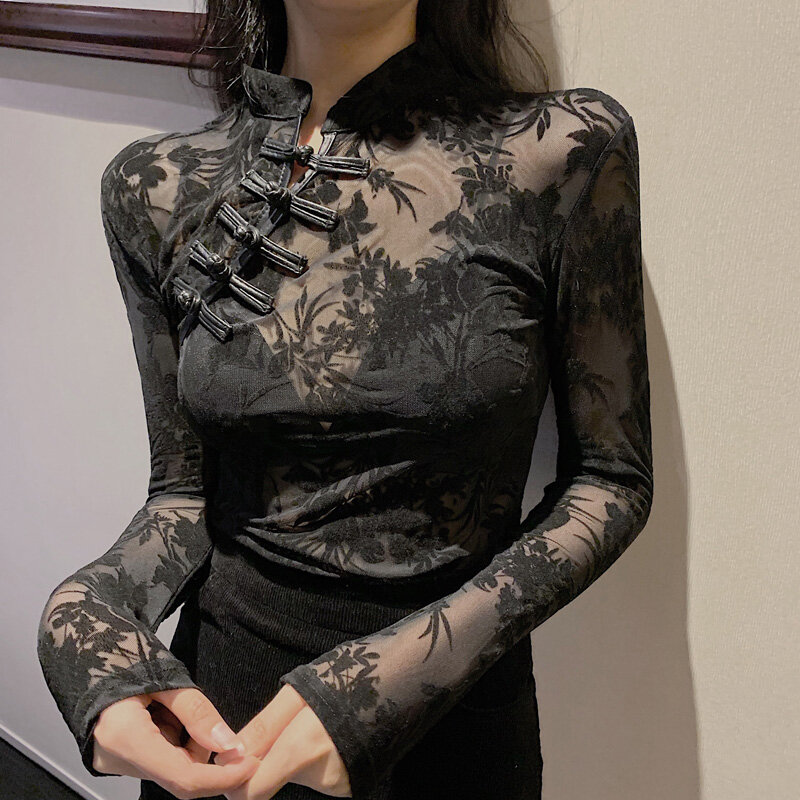 Blusa de encaje transparente para mujer, camisa de cuello alto de estilo chino, Vintage, manga larga, color negro