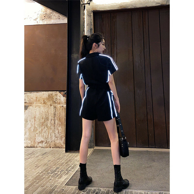 Gotycki hip-hopowy pasek odblaskowy środkowy zamek z golfem Playsuit kobiety jesień Streetwear pasek z kieszenią proste pajacyki Streetwear