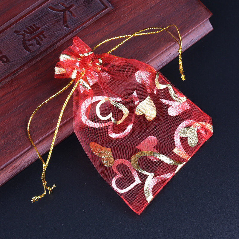 50 unids/lote de bolsas de Organza con estampado multicolor de rosas, amor, Navidad, regalo con cordón