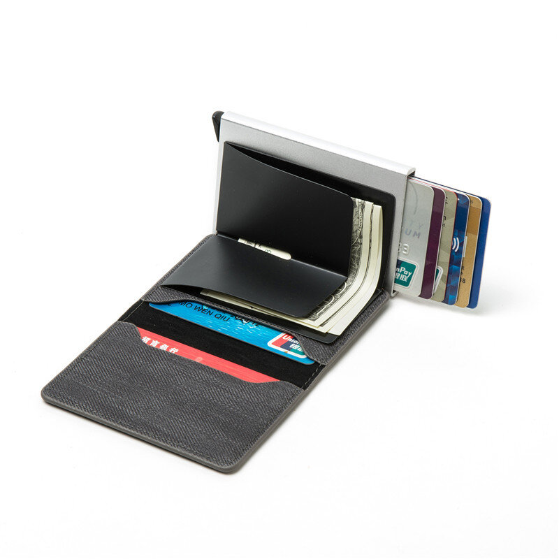 Porte-cartes de blocage RFID pour hommes et femmes, pochette antivol, boîte unique, portefeuille en denim, étui d'identité en métal pop-up, affaires, nouveau, 2022