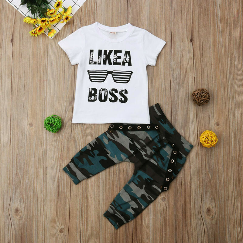 Baby Boys Clothes 2020 Hip Hop Short Sleeve Summer Toddler Infant Like A Boss Letter Tops T-shirt Camo Pants Outfits 2Pcs