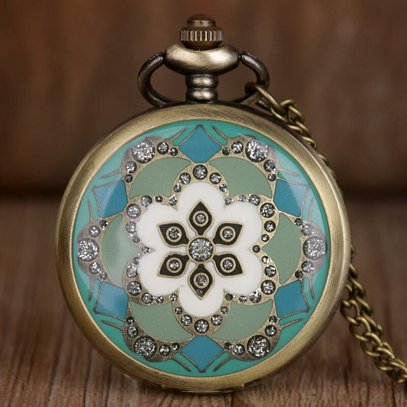 Reloj de bolsillo de bronce con pantalla de flores para hombres y mujeres, relojes Fob de cuarzo para damas, los mejores regalos con cadena