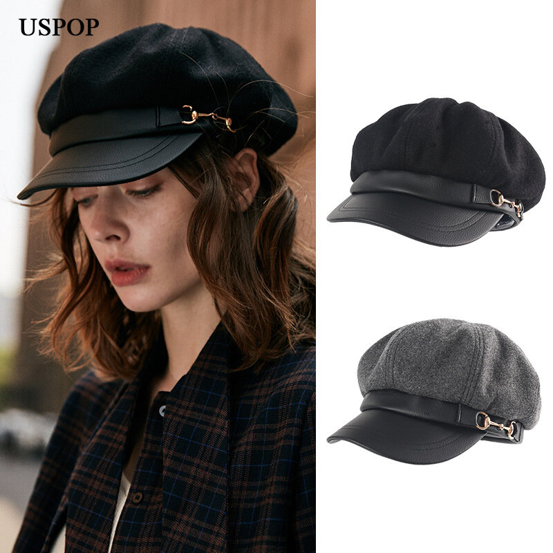 USPOP – chapeau octogonal en laine pour femme, Vintage, avec bords en cuir, en Patchwork, casquette de journal, chaud, militaire, visière M L, nouvelle collection hiver 2020