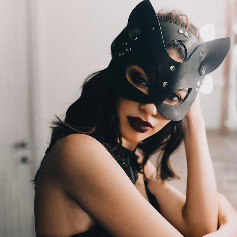 Máscara feminina couro sexy, máscara meio rosto fantasia dia das bruxas gato máscara punk festa jogos cosplay palco adereços