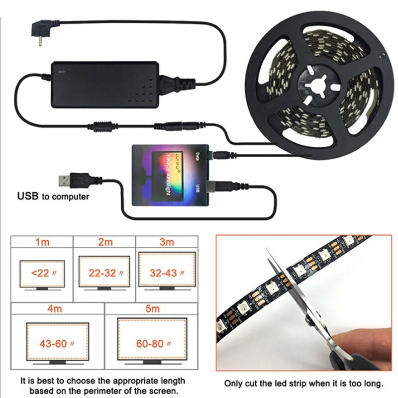 Tira de luz LED USB 5050, Kit de Color de sueño RGB para HDTV, escritorio, PC, iluminación de fondo de pantalla de 1M, 2M, 3,0 m, 4M, 5M, 5V, WS2812B