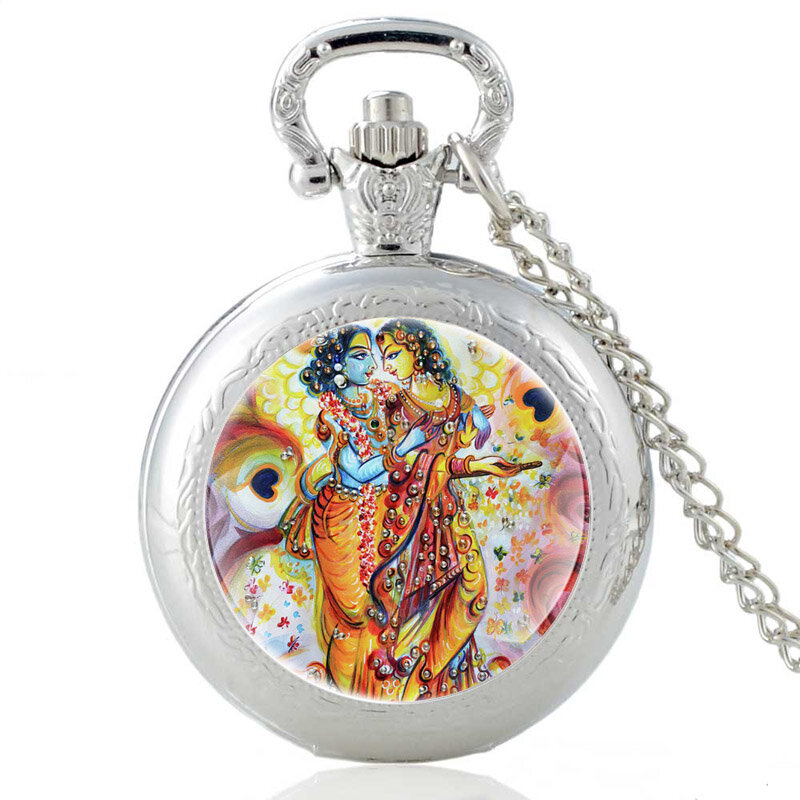 Radhe – montre de poche à Quartz pour hommes et femmes, classique, motif Krishna, Vintage, pendentif Unique, collier, horloge