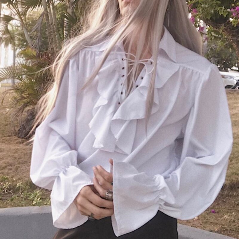 Men's Pirate Shirt Vampire Prince Poet Shirts Medieval Buccaneer Frills Lace Up Renaissance Vintage Gothic Blouse Tops