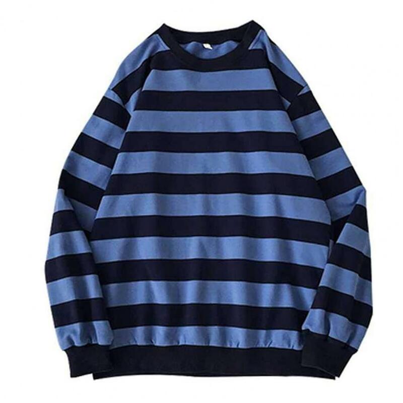 Korean Style Long Sleeve Men Overszed Pullover Tops Stripe Contrast Colors Round Neck Casual Spring Top for School Streetwear