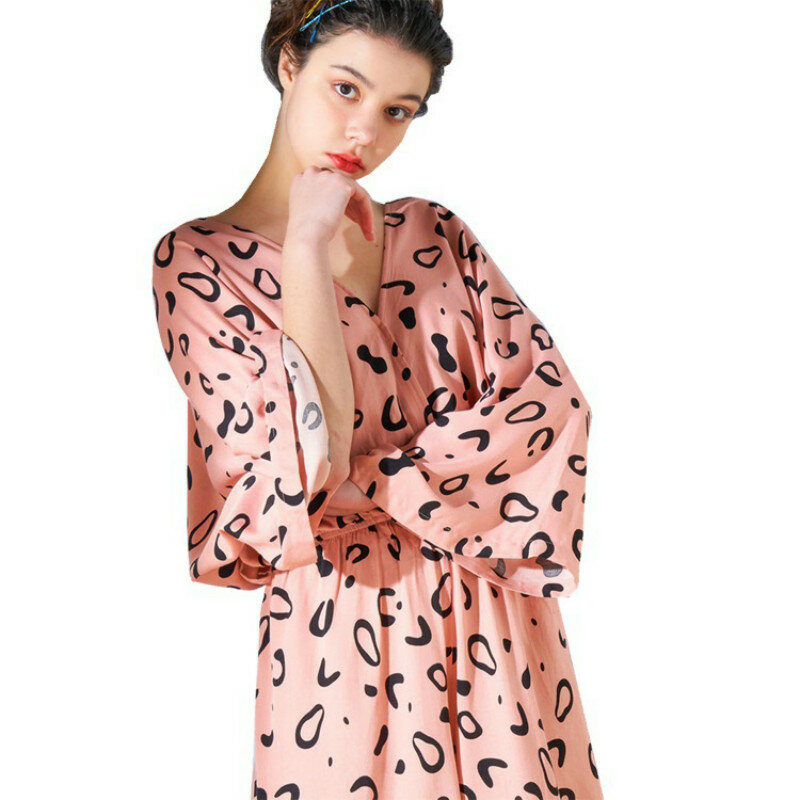 Pyjama imprimé en Viscose pour femmes, col en v, vêtements de nuit, Sexy, décontracté, ample, manches longues, vêtements de maison, printemps été