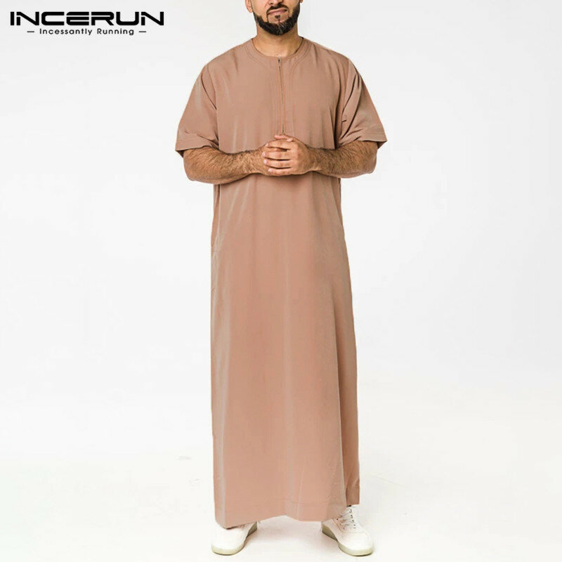 Incerun roupão masculino de cor sólida, roupão kaftan islâmico muçulmano, manga curta, pescoço em o, jubba thobe, casual, arábia saudita, roupas masculinas