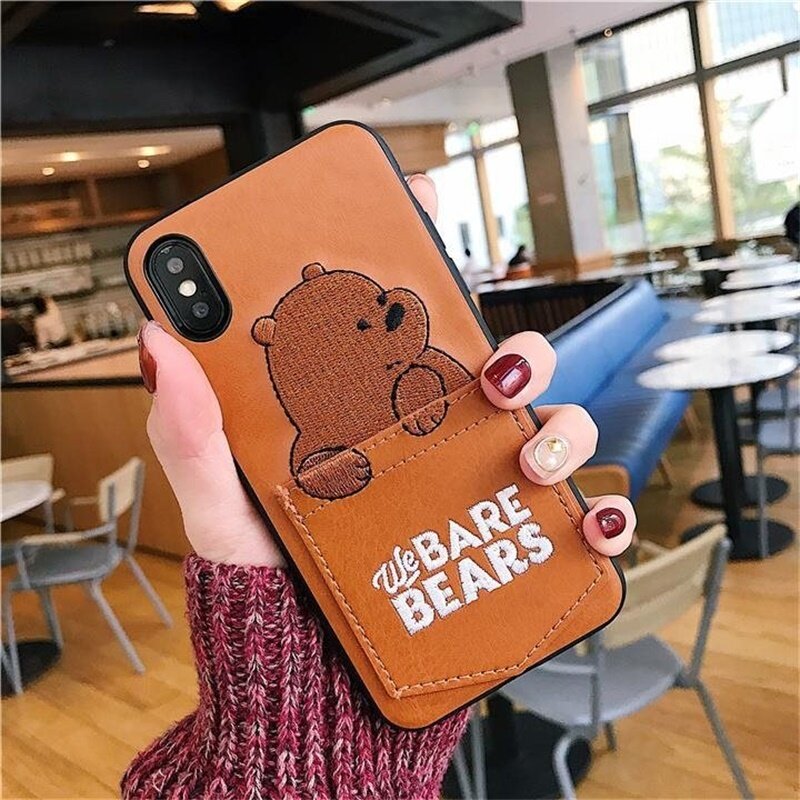 Luxury Pu Leather Cartoon Bear Phone Case For iPhone 7 Case Xs XSMAX XR 6s 6 8 plus Soft Tpu Cover With Card Pocket Bags Fundas