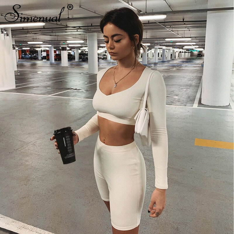 Simenual Solid Bodycon Women Matching Set Long Sleeve Fashion Casual Two Piece Outfits Basic Crop Top And Biker Shorts Sets 2020