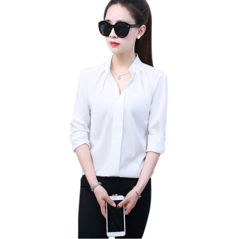 Sommer Frauen Chiffon-Bluse Shirts Damen Weiß Elegante Sexy V-ausschnitt Bluse Langarm Hemd Weibliche Büro Hemd 2020