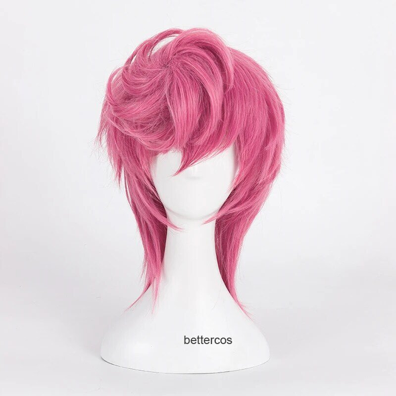 Jojo's bizarre adventure peruca de cabelo sintético, peruca curta resistente ao calor de rosa