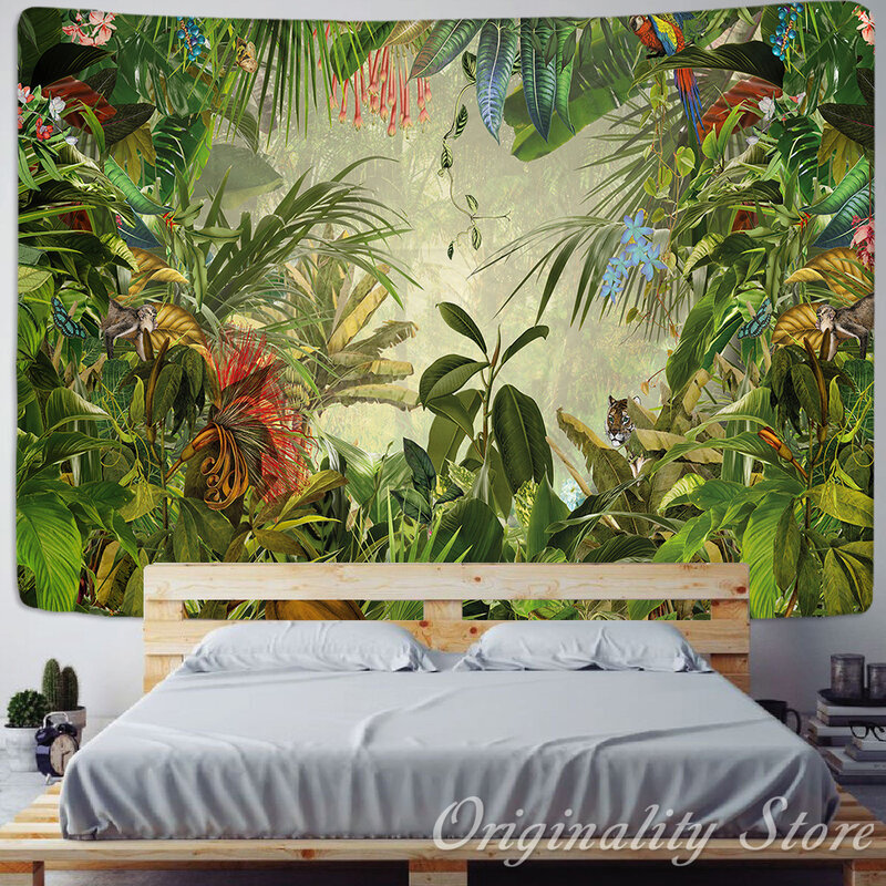Palmeira parede pendurado folhas tropicais flores padrão praia tapeçaria animal pano de fundo tapeçarias