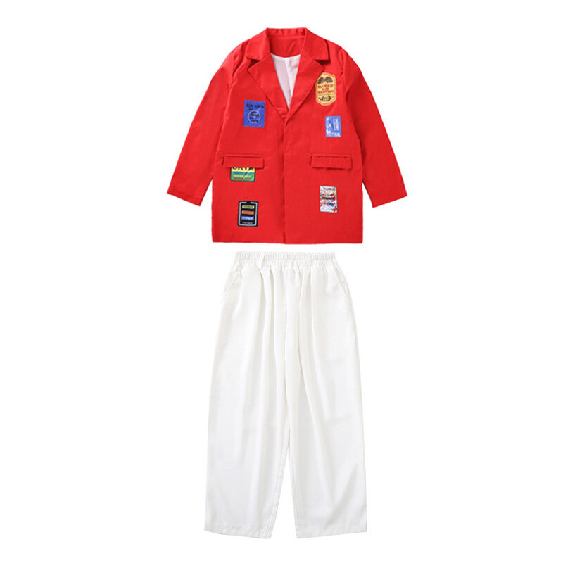 Kid Kpop odzież Hip hopowa biały czerwony długi blezer płaszcz Tank Crop Top w stylu ulicznym dorywczo spodnie dla dziewczyny chłopiec kostium taneczny ubrania