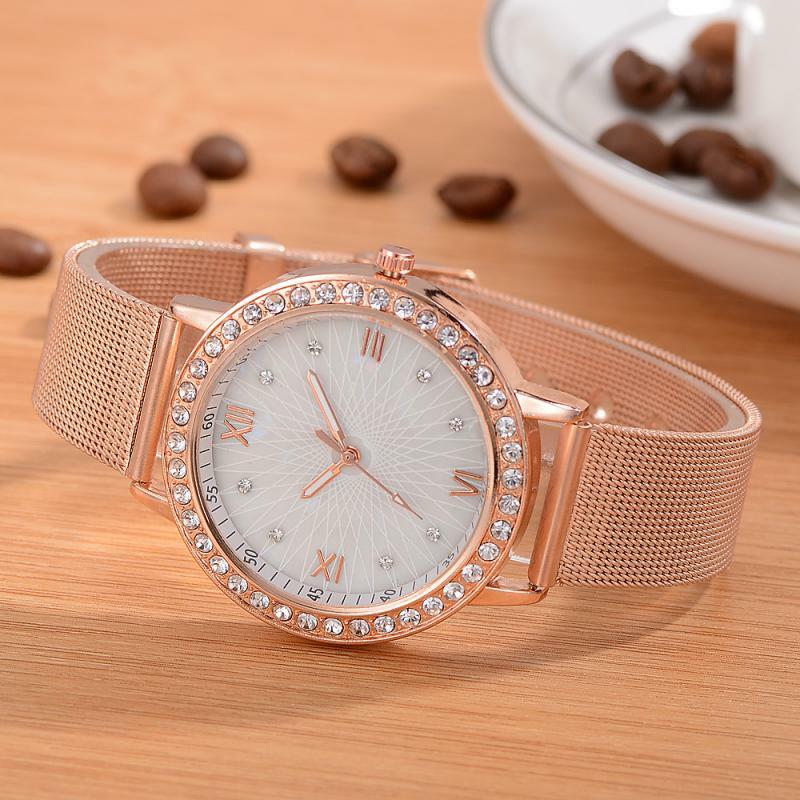 Moda Rose złoty zegarek damski luksusowy diament kobieta zegarek Rhinestone siatka ze stali nierdzewnej pasek damski zegarek kobiet kobieta zegar
