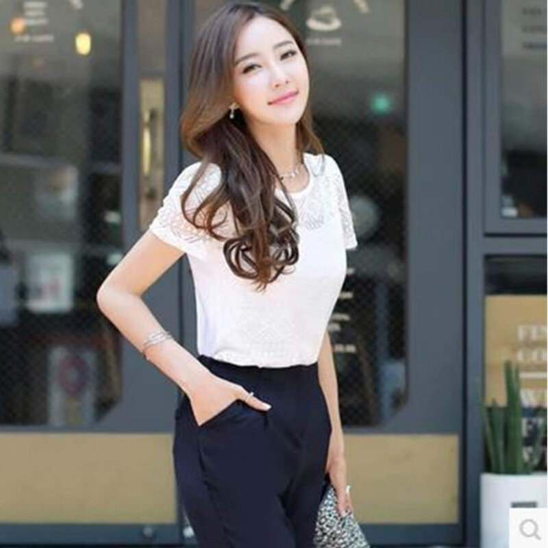Letnia bluzka damska biała koronkowa z krótkim rękawem Plus rozmiar koreański szydełka wokół szyi drążą topy koszula Camisas Femininas Qz *