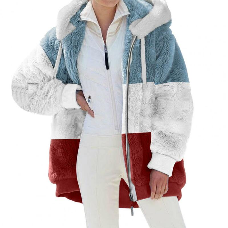 Jaqueta feminina com capuz de lã com zíper, casaco de pelúcia sintética, cor patchwork, quente e espesso, outono, inverno, 2022