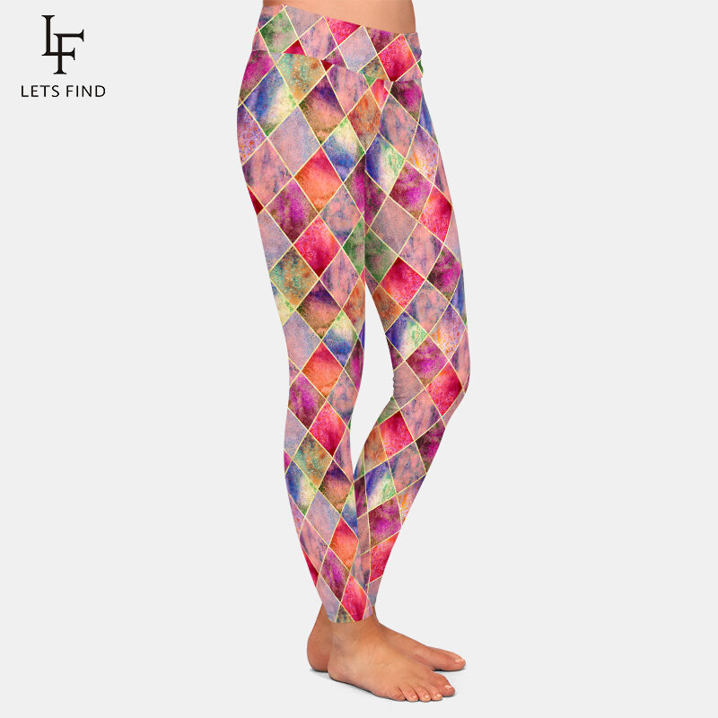 LETSFIND-mallas de cintura alta para mujer, Leggings con estampado geométrico a cuadros, ajustados, de alta elasticidad, para Fitness