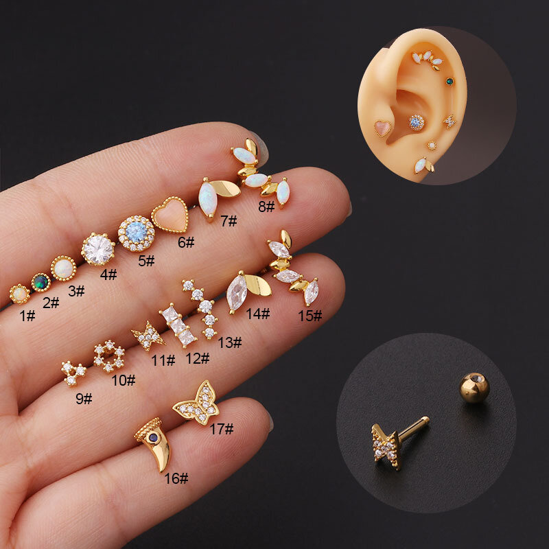 1 peça 16g 1.2mm titânio aço piercing parafuso prisioneiro brincos para as mulheres moda zircon opal cartilagem brincos hélice piercing jóias
