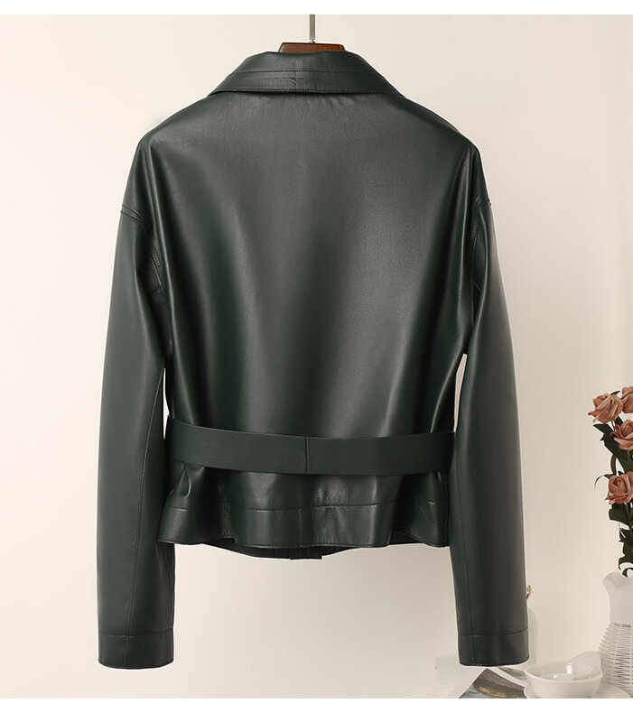 Женская короткая куртка из натуральной овечьей кожи, демисезонная Дизайнерская куртка с поясом в Корейском стиле, C211