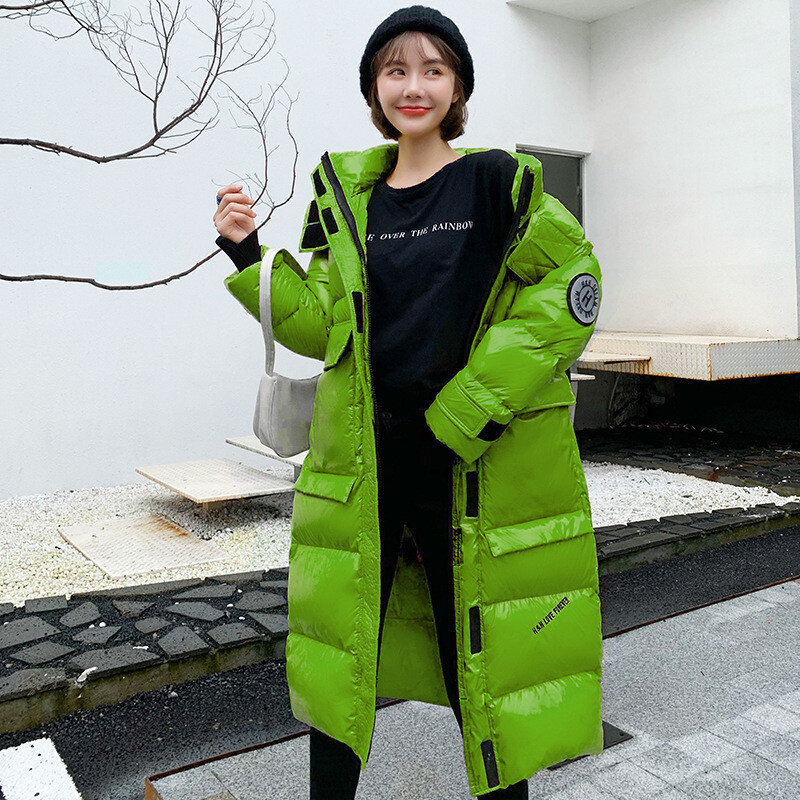 Casaco de algodão para baixo brilhante feminino 2023 novo inverno coreano grosso quente gola alta parka solto fino com capuz jaqueta feminina