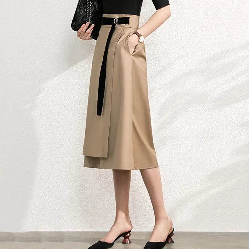 Jupe-Falda informal de cintura alta para mujer, falda con dobladillo Irregular, color negro y caqui, para primavera y otoño, 2022