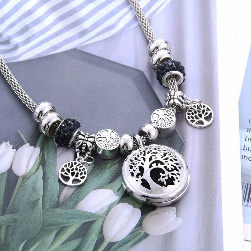 New Aroma Diffuser Necklace Open Tree Of Life Lockets Pendant Perfume Essential Oil Aromatherapy Beaded Necklace