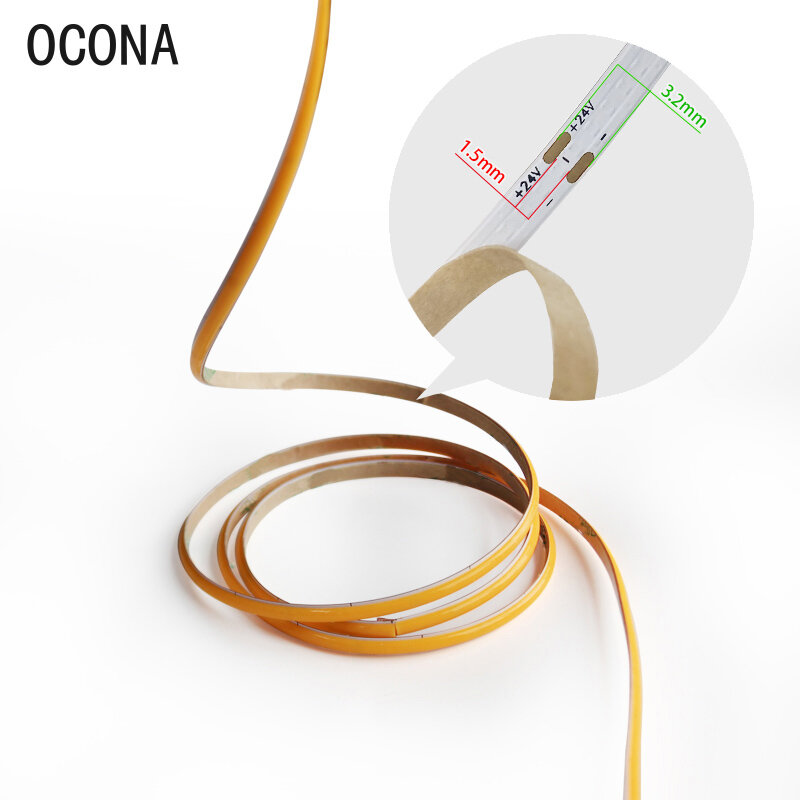 OCONA-Bande lumineuse LED COB super fine pour la décoration intérieure, bande lumineuse flexible, haute densité, blanc chaud, intensité variable, 4mm, 12V, 24V, 480 gible/m