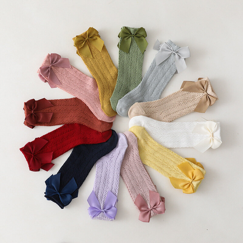 Calcetines de verano con lazo para niños y niñas, calcetín largo hasta la rodilla de algodón, calado, malla, Princesa, 0 a 7 años