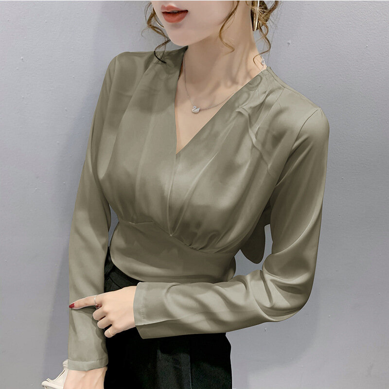 Женская блузка с V-образным вырезом, тонкая рубашка с высокой талией и длинным рукавом, свободного пупка, осень 2020